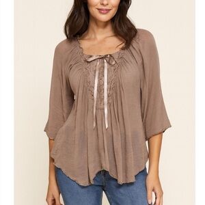 S. Iine blouse BoHo flowy top elastic neck bat wing crinkle cut Western SZ SM